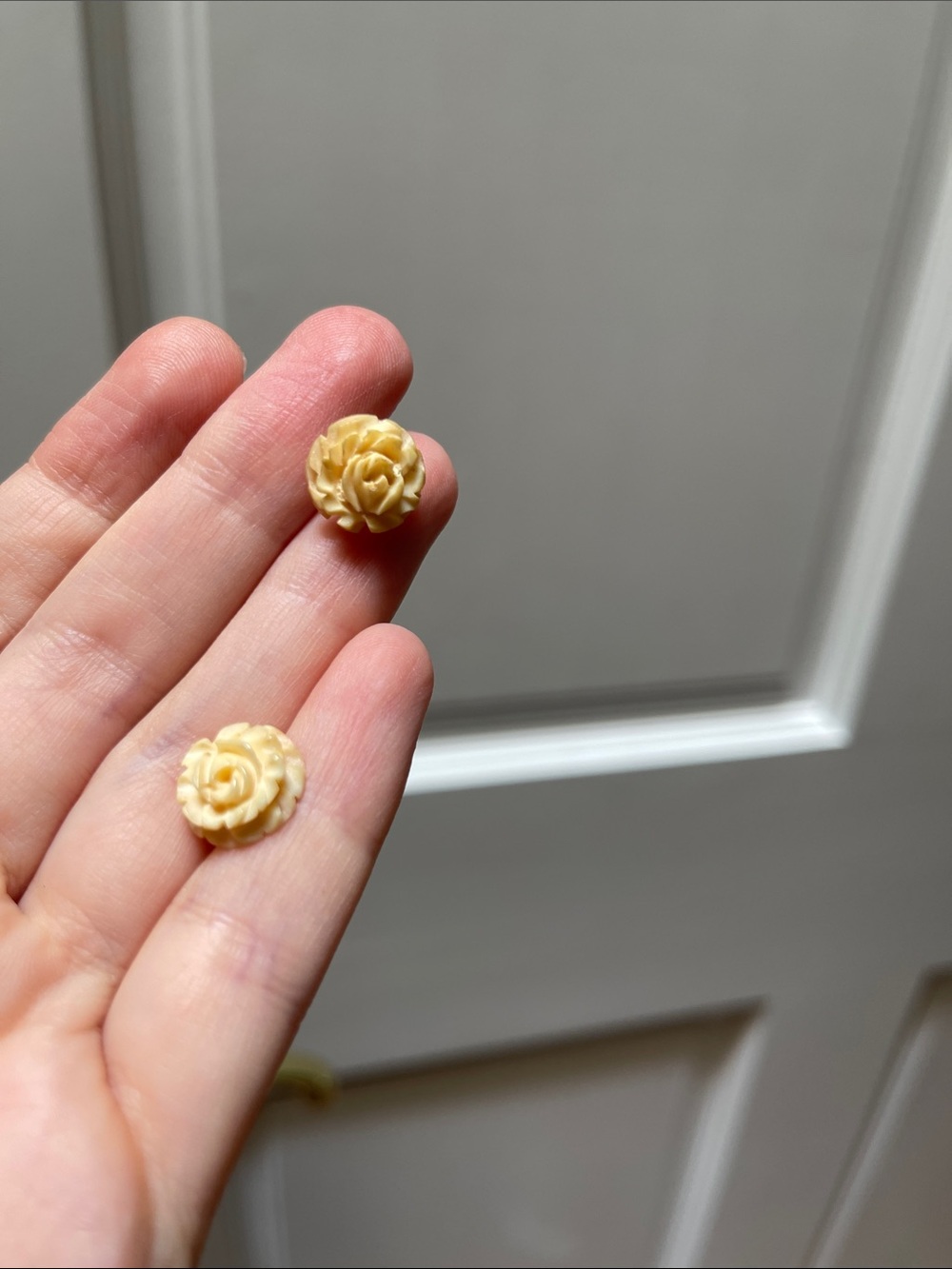 Antique Carved bone Rose Stud Earrings in Cream
